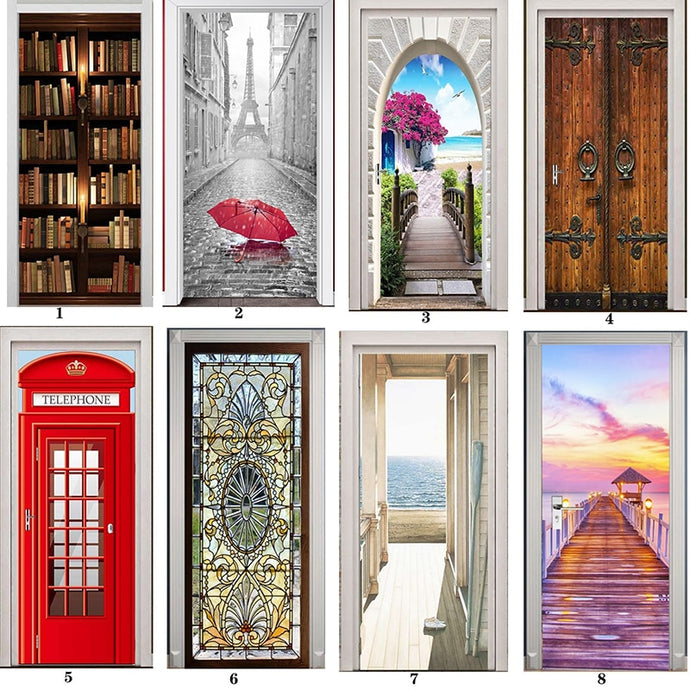 PVC Mural Paper Print Art 3D Bookshelf Tower Sea Door Stickers Home Decor Picture Self Adhesive Waterproof Wallpaper For Bedroom