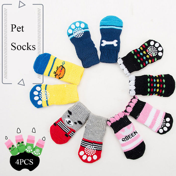 4Pcs Warm Puppy Dog Shoes Soft Pet Knits Socks Cute Cartoon Anti Slip Skid Socks For Small Dogs Breathable Pet Products S/M/L