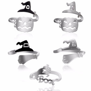 Cute Halloween Decoracion Jewelry Women Rings Witch Hats Broom Mop Pumpkin Lamp Alloy Finger Rings Hollow Out Men's R2139